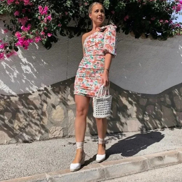 Zara One Shoulder Floral Draped Bodycon Mini Dress Size Small - Picture 4 of 13